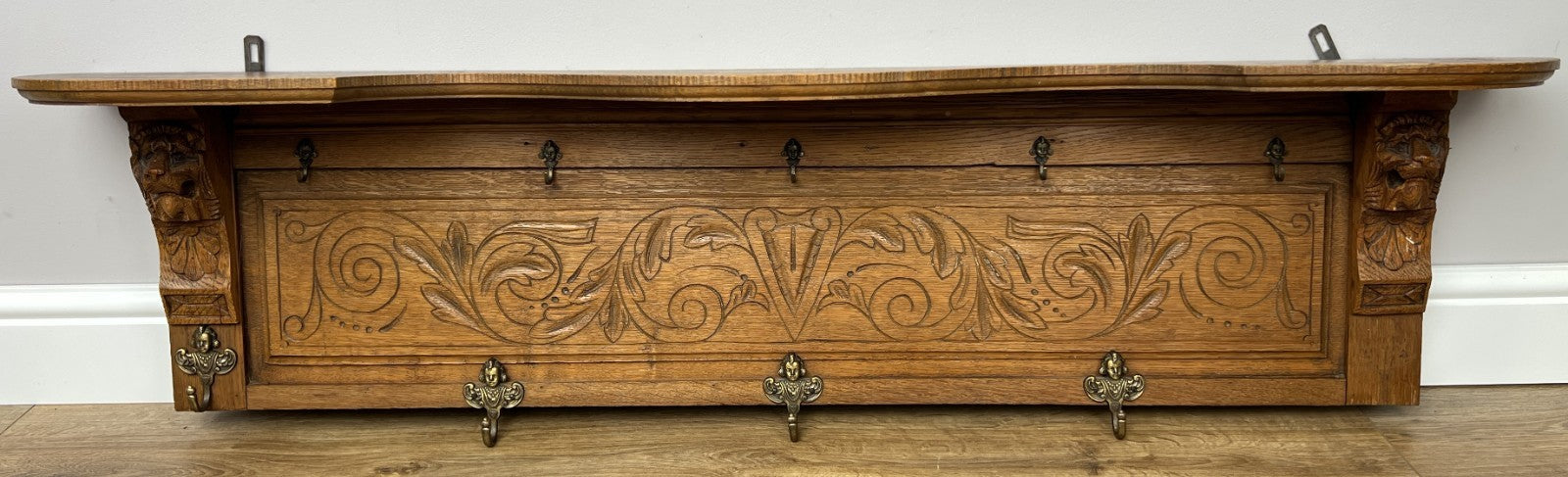 Coat Rack Antique French Carved Oak Wall Mounted 9 Hooks Rack Hanger LOT 62921