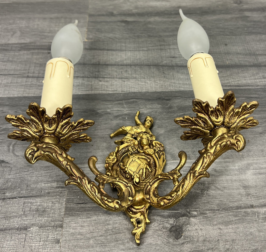 Vintage French Wall Light Brass Cherub Double Arm Rococo Sconce LOT 44110