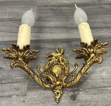 Vintage French Wall Light Brass Cherub Double Arm Rococo Sconce LOT 44110