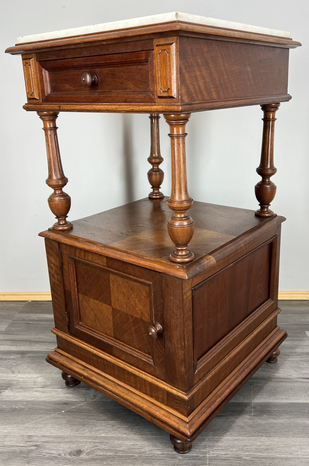 Bedside Table Antique French Walnut Marble Top Cabinet Nightstand LOT 44495