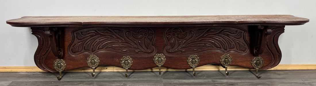 French Vintage Coat Rack Oak 7 Hooks Ornate Wall Shelf Carved Coat LOT 3885