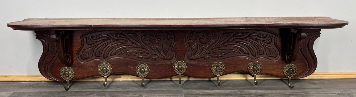 French Vintage Coat Rack Oak 7 Hooks Ornate Wall Shelf Carved Coat LOT 3885