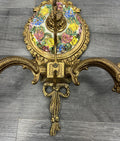 Pair of Wall Lights Vintage Spanish Porcelain Brass Floral Sconces LOT 44145