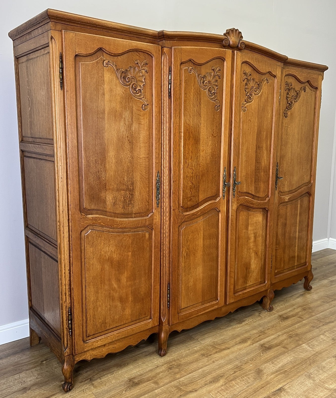 Wardrobe Vintage French Louis XVI Style Oak Four Door Carved Armoire LOT 48311
