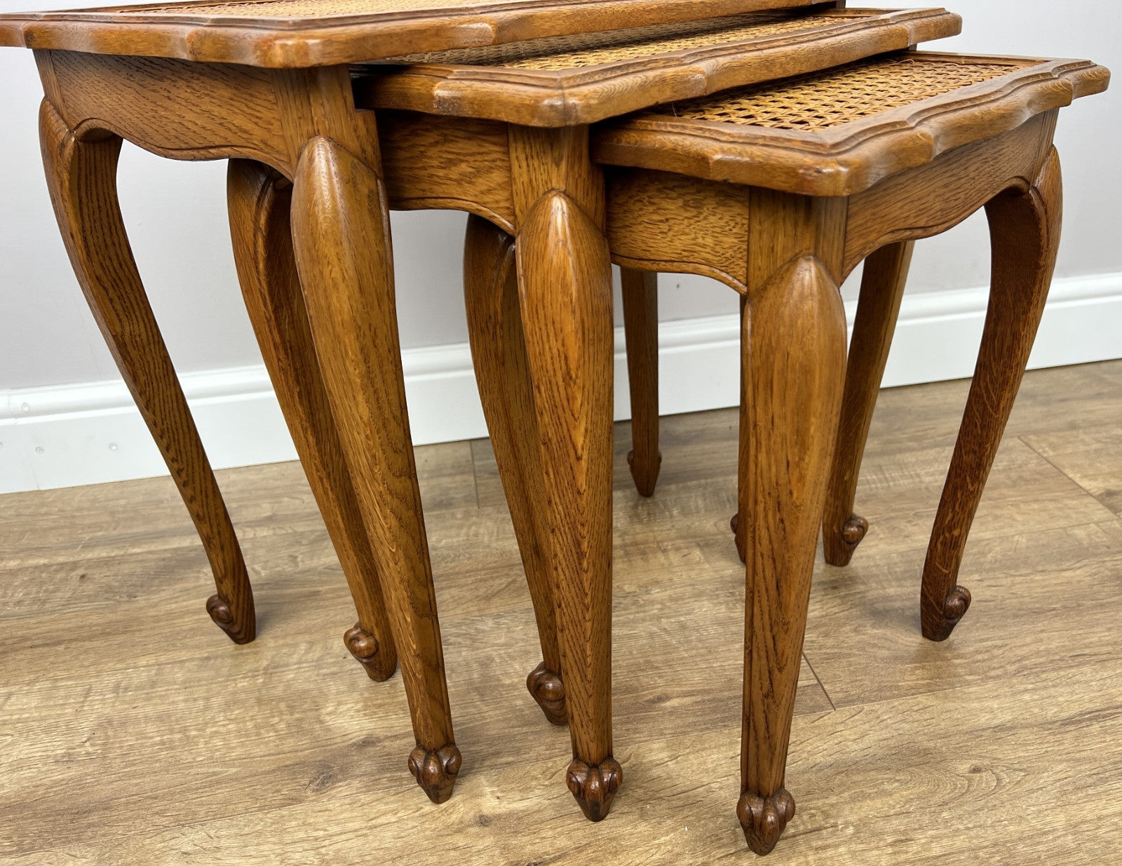 Vintage French Louis Oak Cane Set of Three Nested Carved Tables LOT 49094