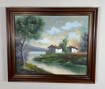 Vintage French Oil Painting Lake Mountain Scene Signed Framed Art LOT 50510