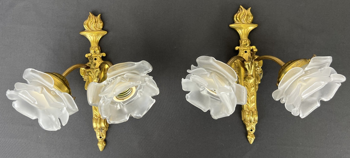 Pair of Wall Lights Vintage French Ornate Double Arm Glass Sconces LOT 6477