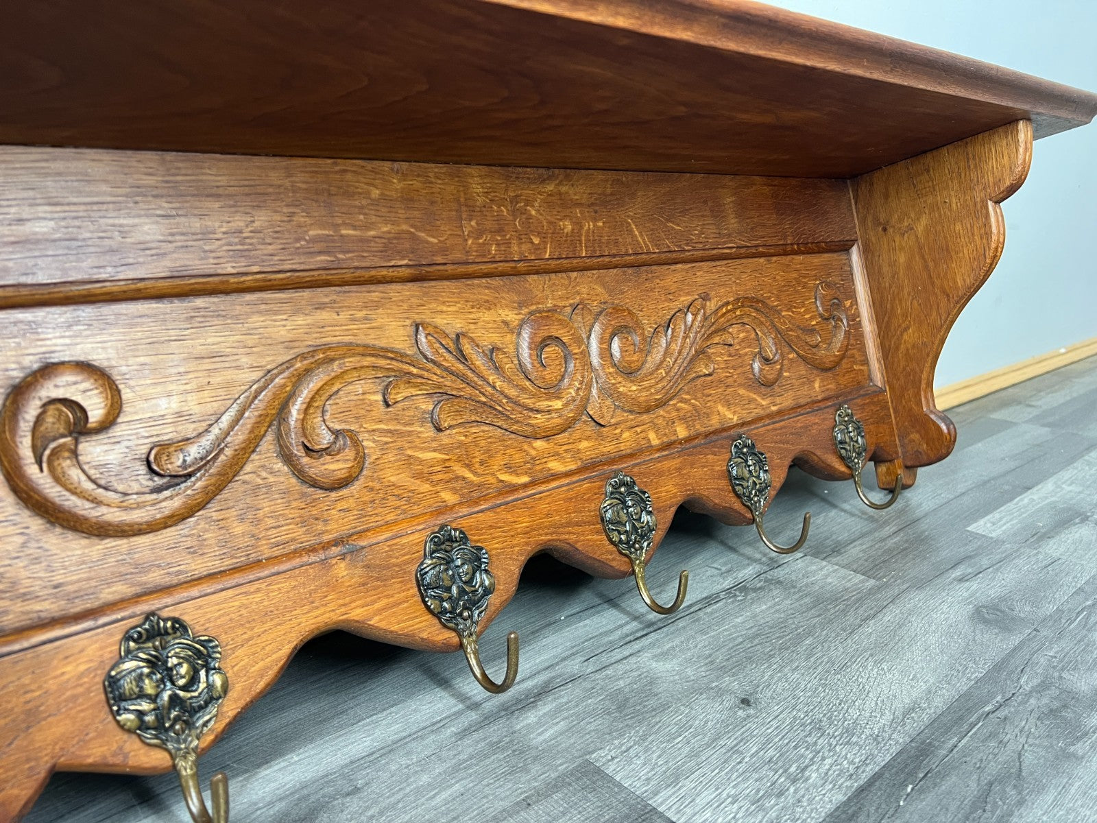 French Vintage Coat Rack Oak 5 Hooks Ornate Wall Shelf Carved Coat LOT 44456
