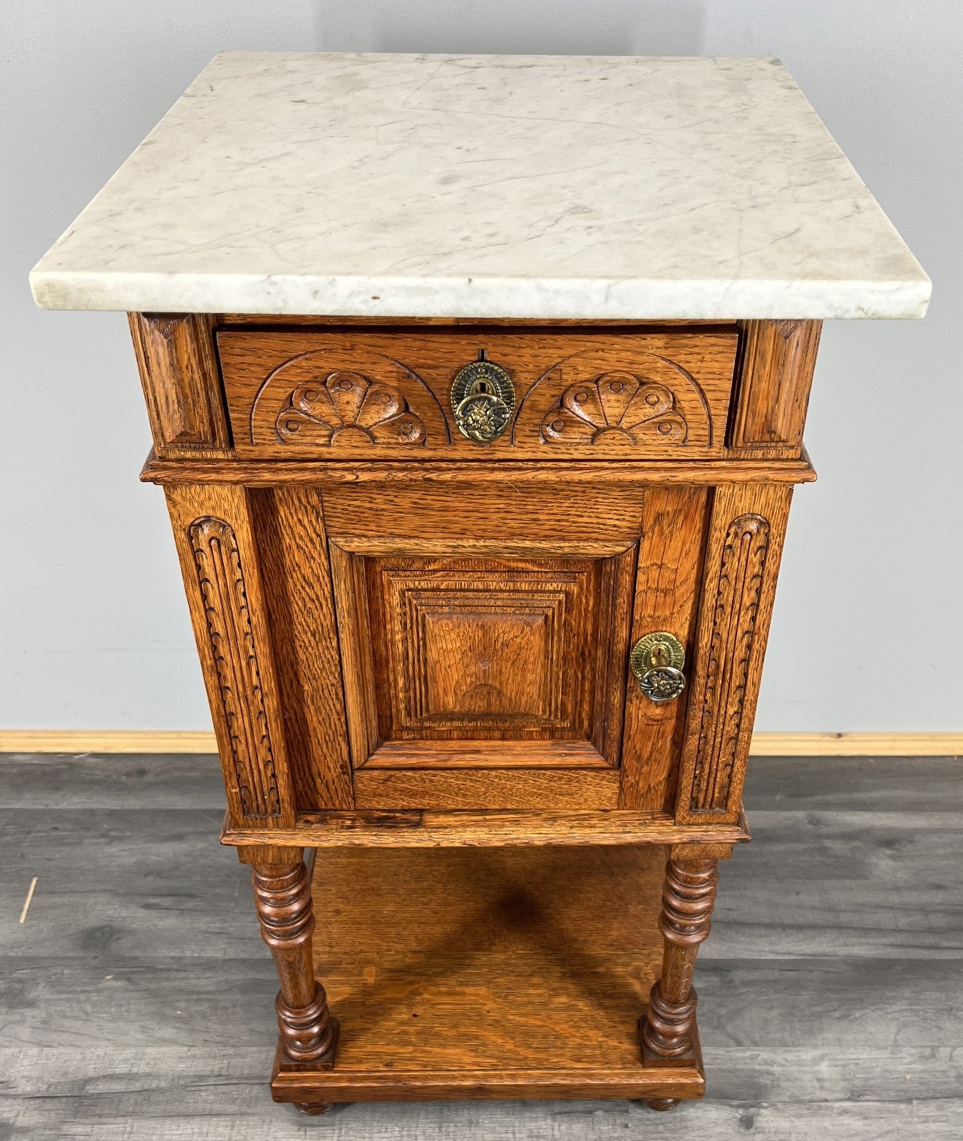 Bedside Table Antique French Oak with Marble Top Carved Cabinet LOT 43350