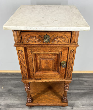 Bedside Table Antique French Oak with Marble Top Carved Cabinet LOT 43350