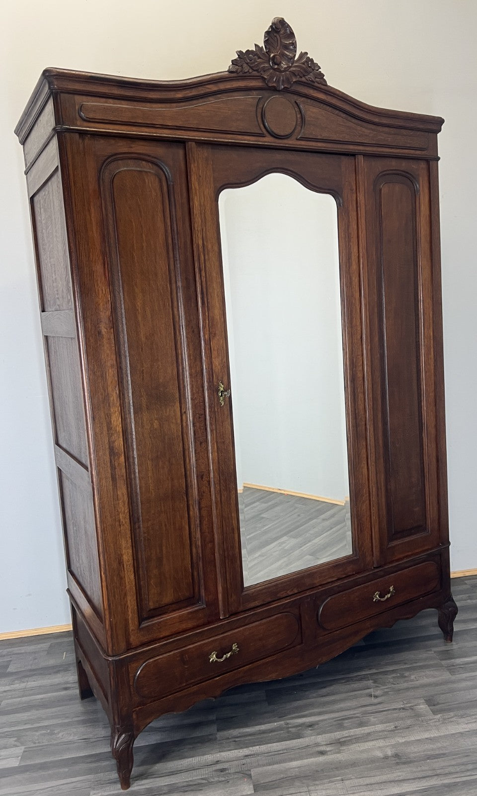 Wardrobe Antique French Style Oak Mirrored Door Carved Armoire LOT 47961