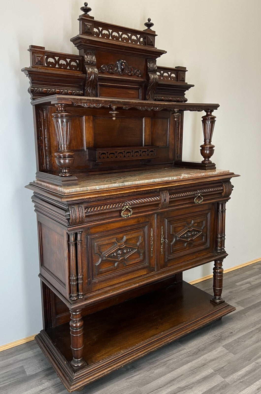 Sideboard Antique French Style Walnut Marble Display Cabinet Cupboard LOT 35763
