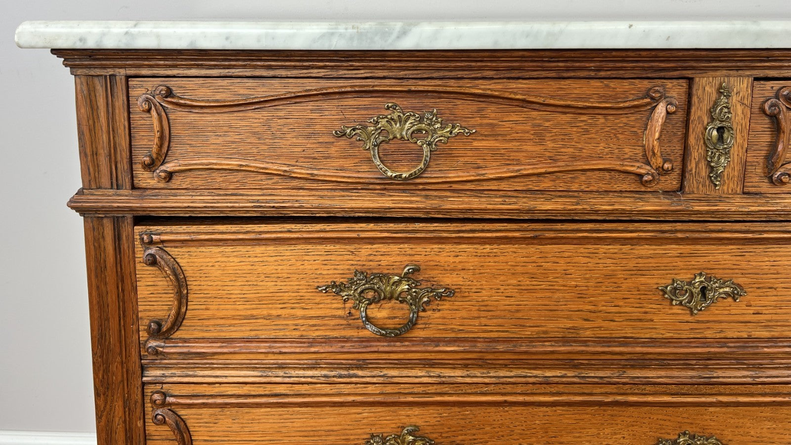 Chest of Drawers Antique French Oak Marble Top 5 Drawers Carved Cabinet LOT 62794