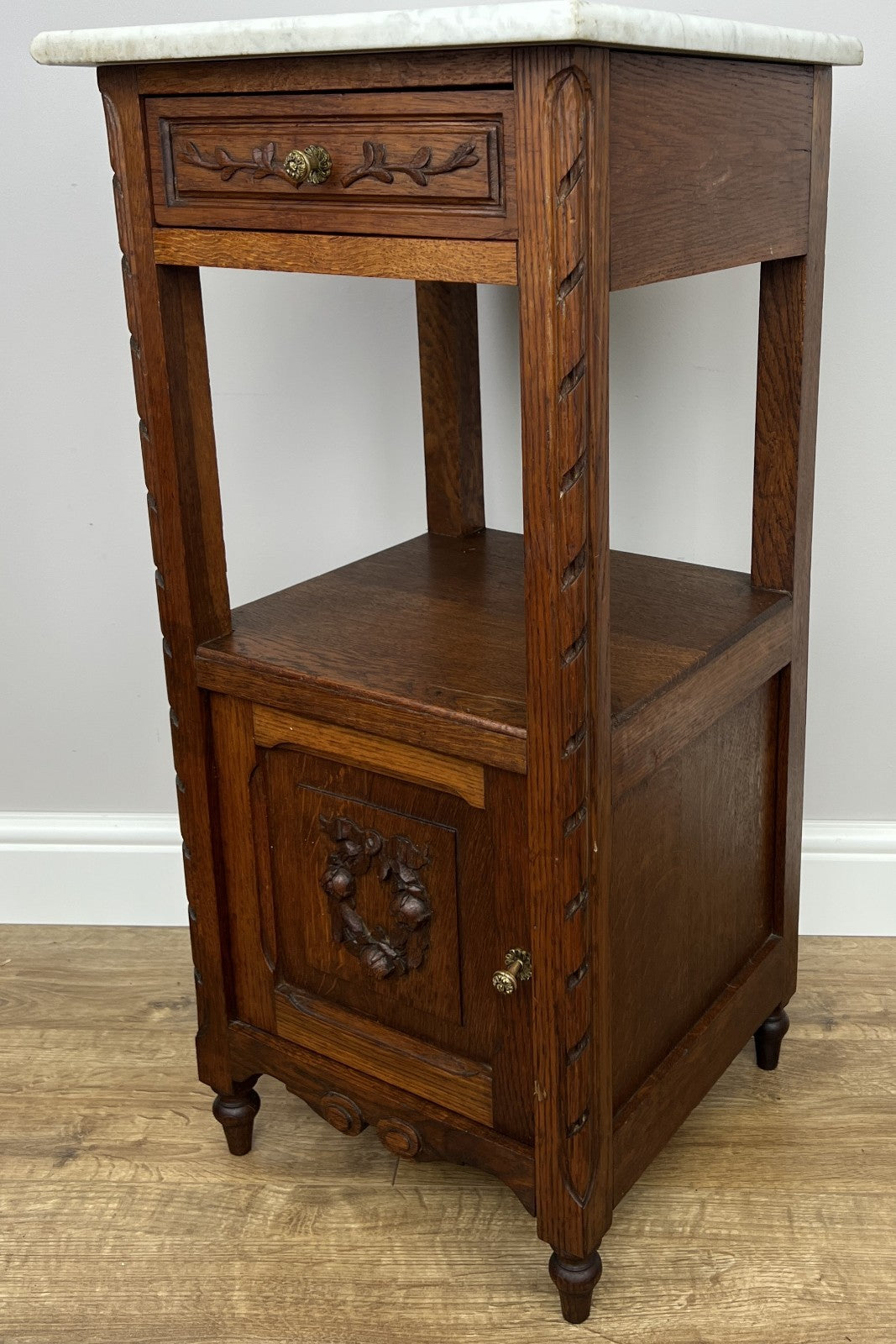 Bedside Table Antique French Style Marble Top Oak Cabinet Nightstand LOT 62401