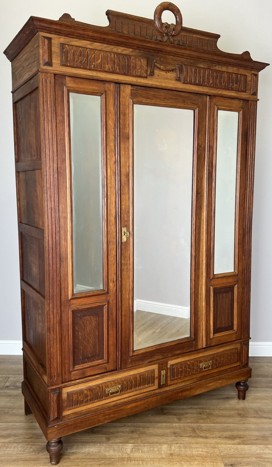 Wardrobe Antique French Two Door Oak Mirrored Carved Armoire Cabinet LOT 60820
