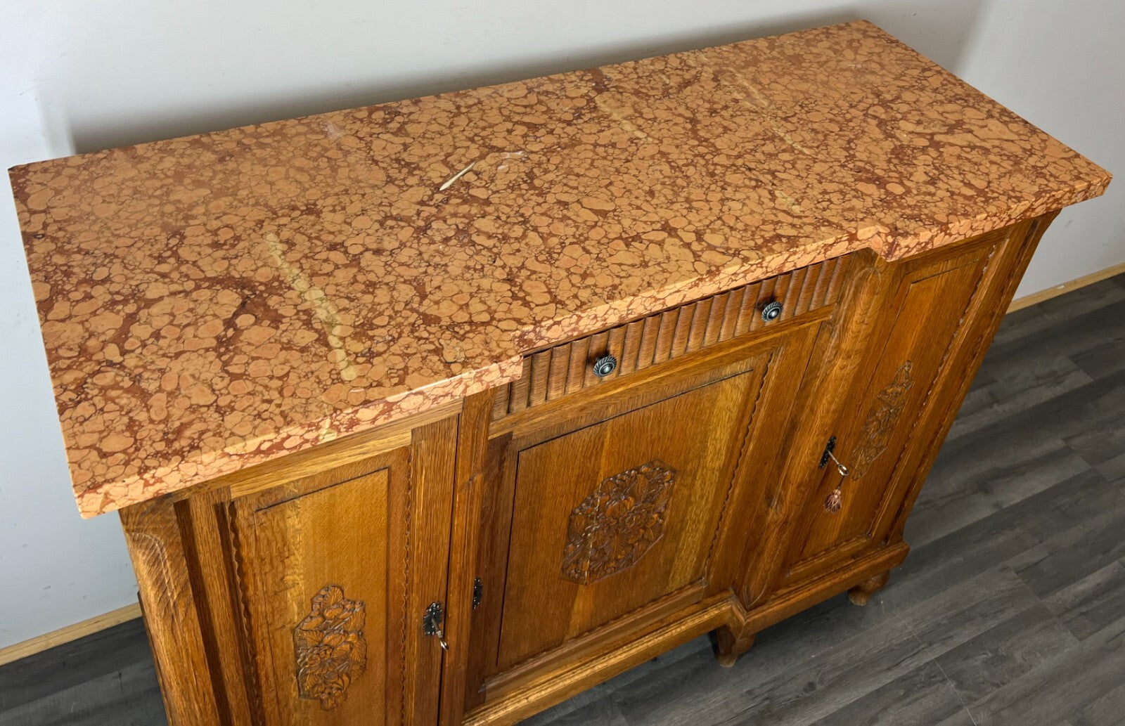 Sideboard Antique French Marble Top Cabinet Carved Storage Cupboard LOT 23713
