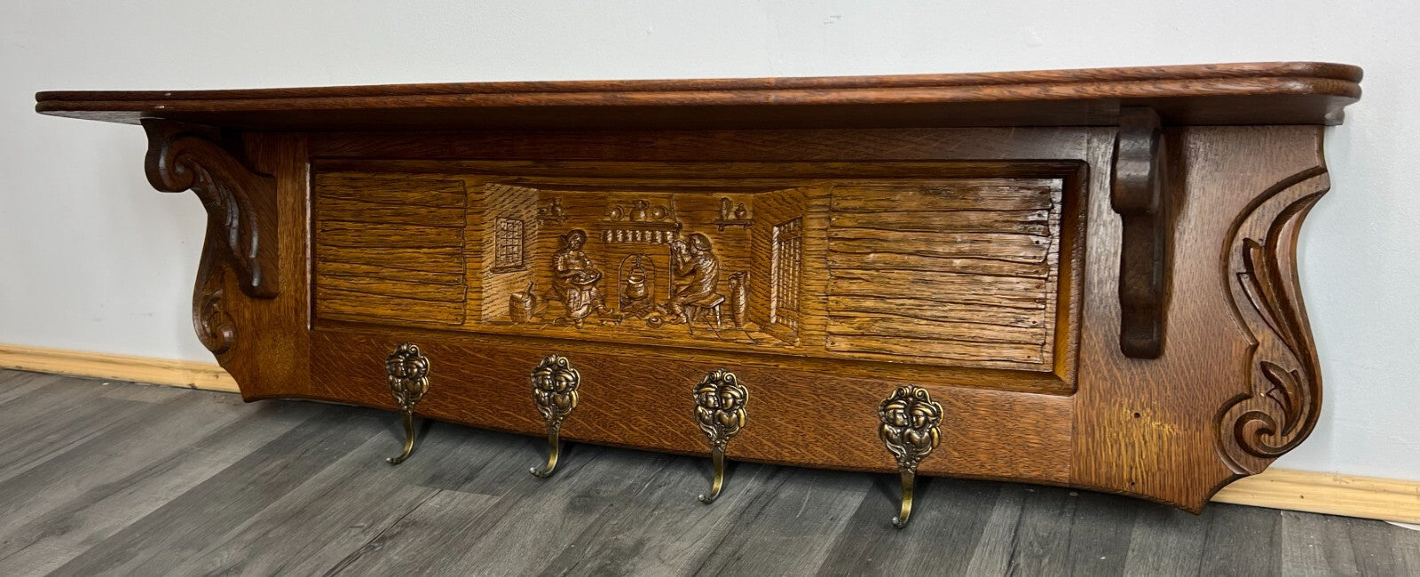 Coat Rack Antique French Carved Oak Wall Mounted 4 Hook Rack Hanger LOT 31080