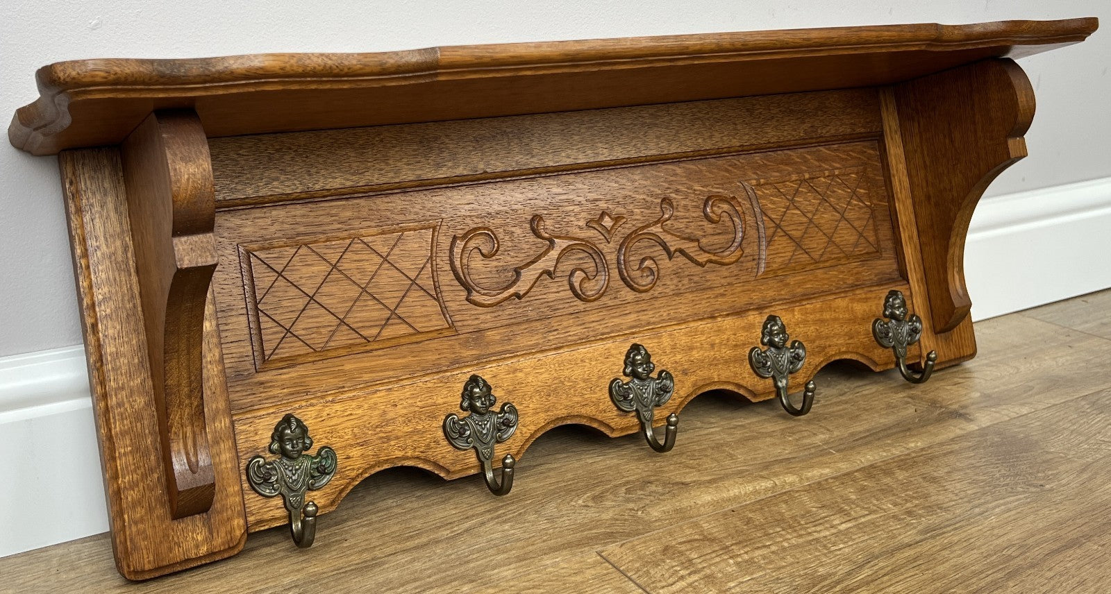 Coat Rack Vintage French Carved Oak Wall Mounted 5 Hooks Rack Hanger LOT 62100