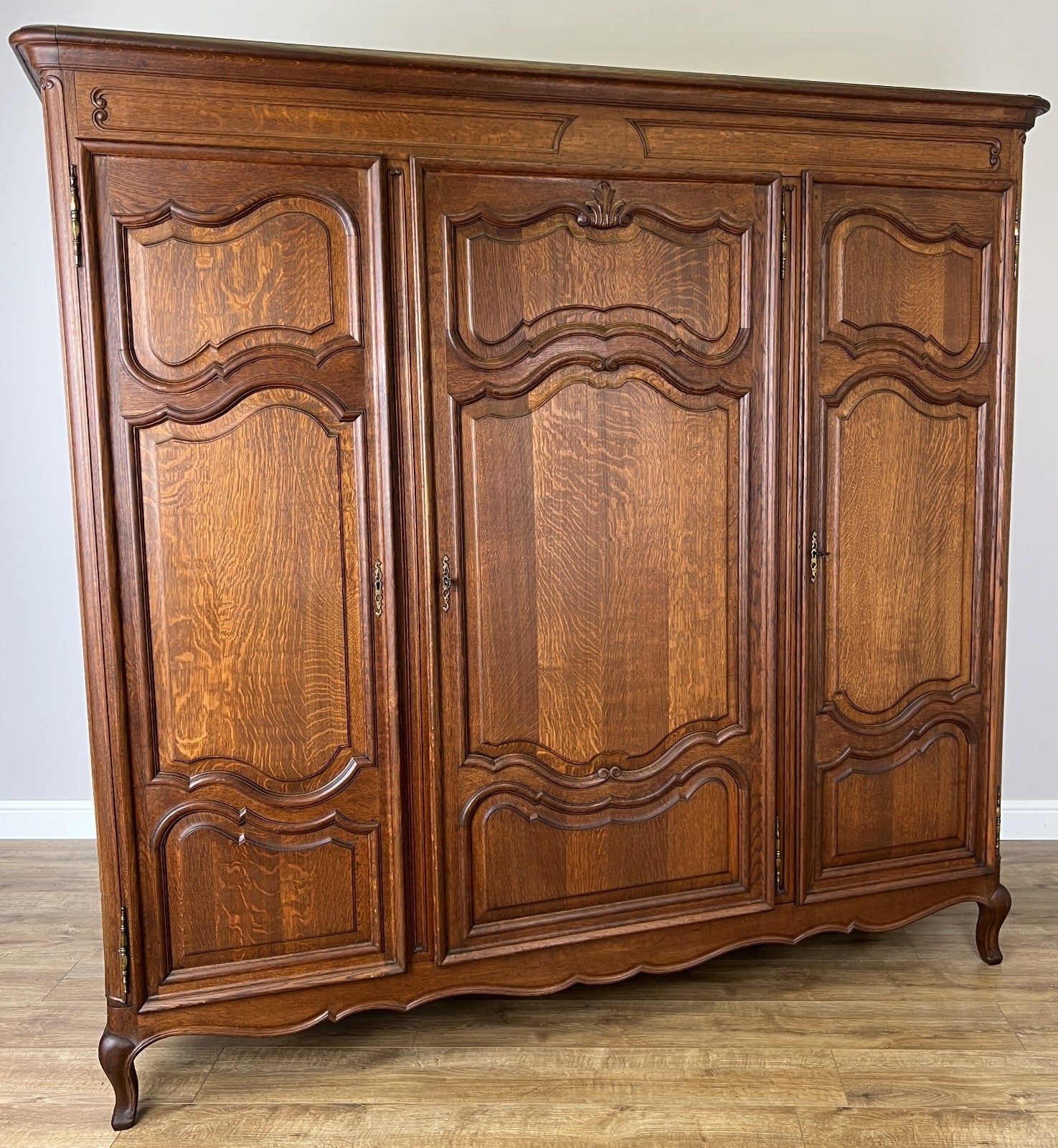 Wardrobe Vintage French Louis XVI Style Triple Door Oak Carved Armoire LOT 607810