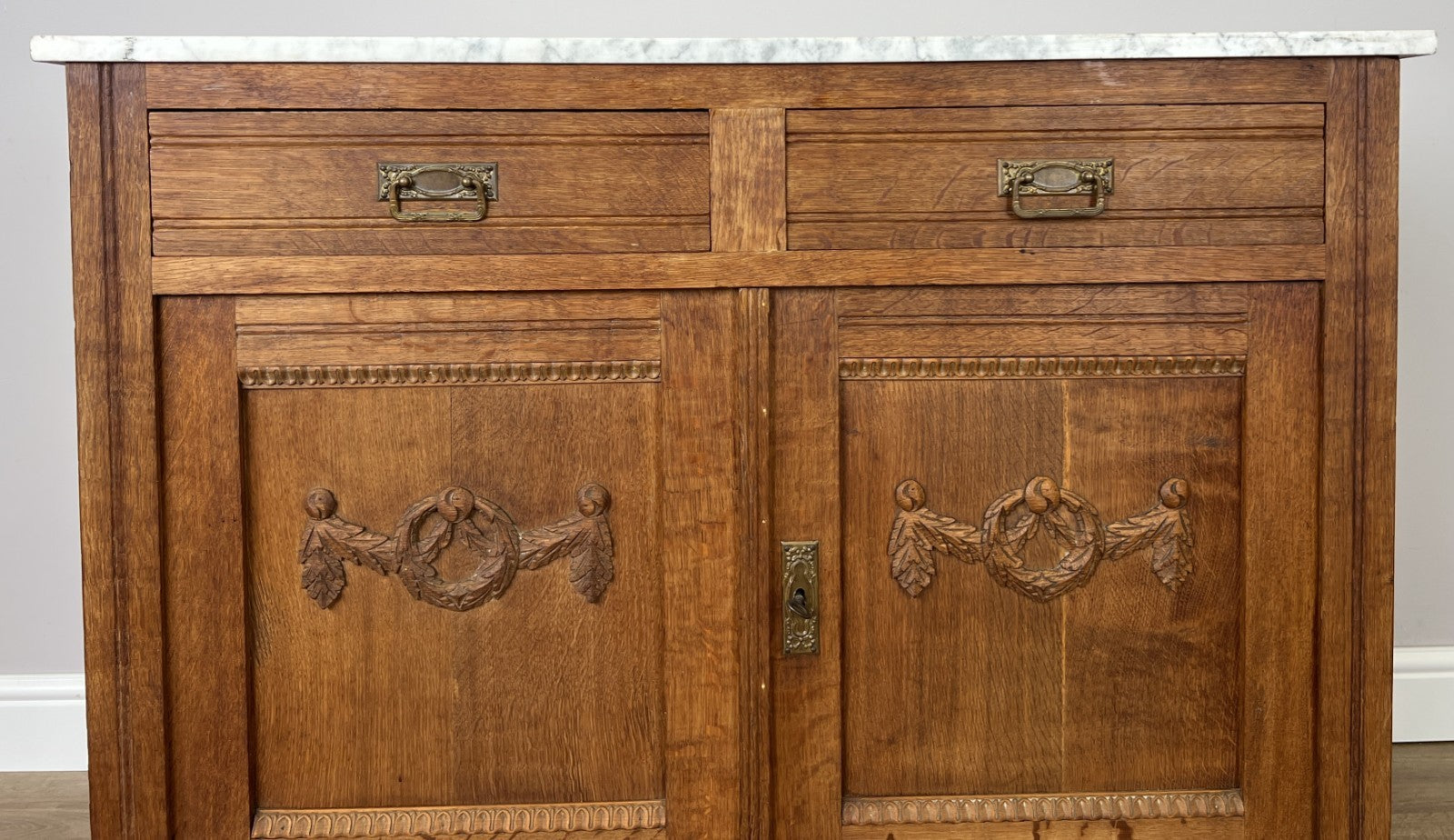 Cabinet Antique French Style Marble Top Oak Sideboard Carved Cupboard LOT 62849