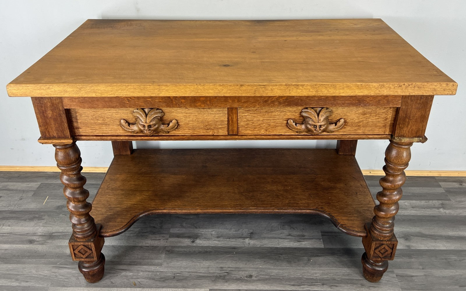 Cabinet Antique French Style Oak Carved Table with Two Drawers LOT 48000
