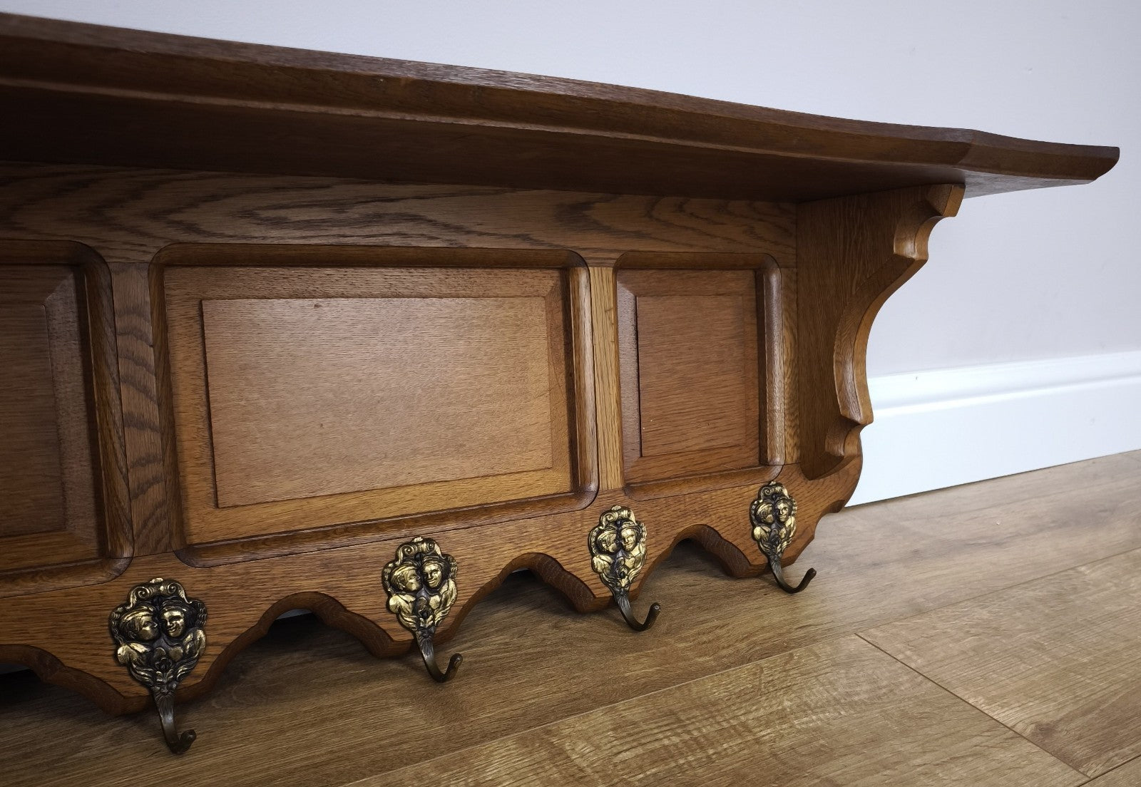 French Vintage Coat Rack Oak 5 Hooks Wall Shelf Carved Coat Hanger LOT 49913