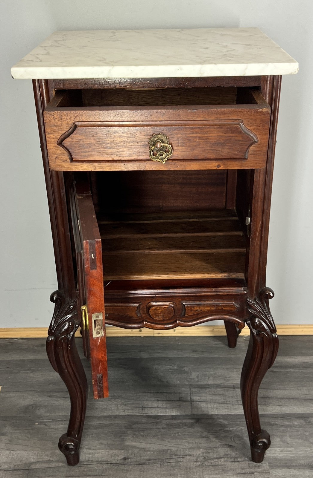 Bedside Table Antique French Marble Top Walnut Carved Cabinet LOT 433411