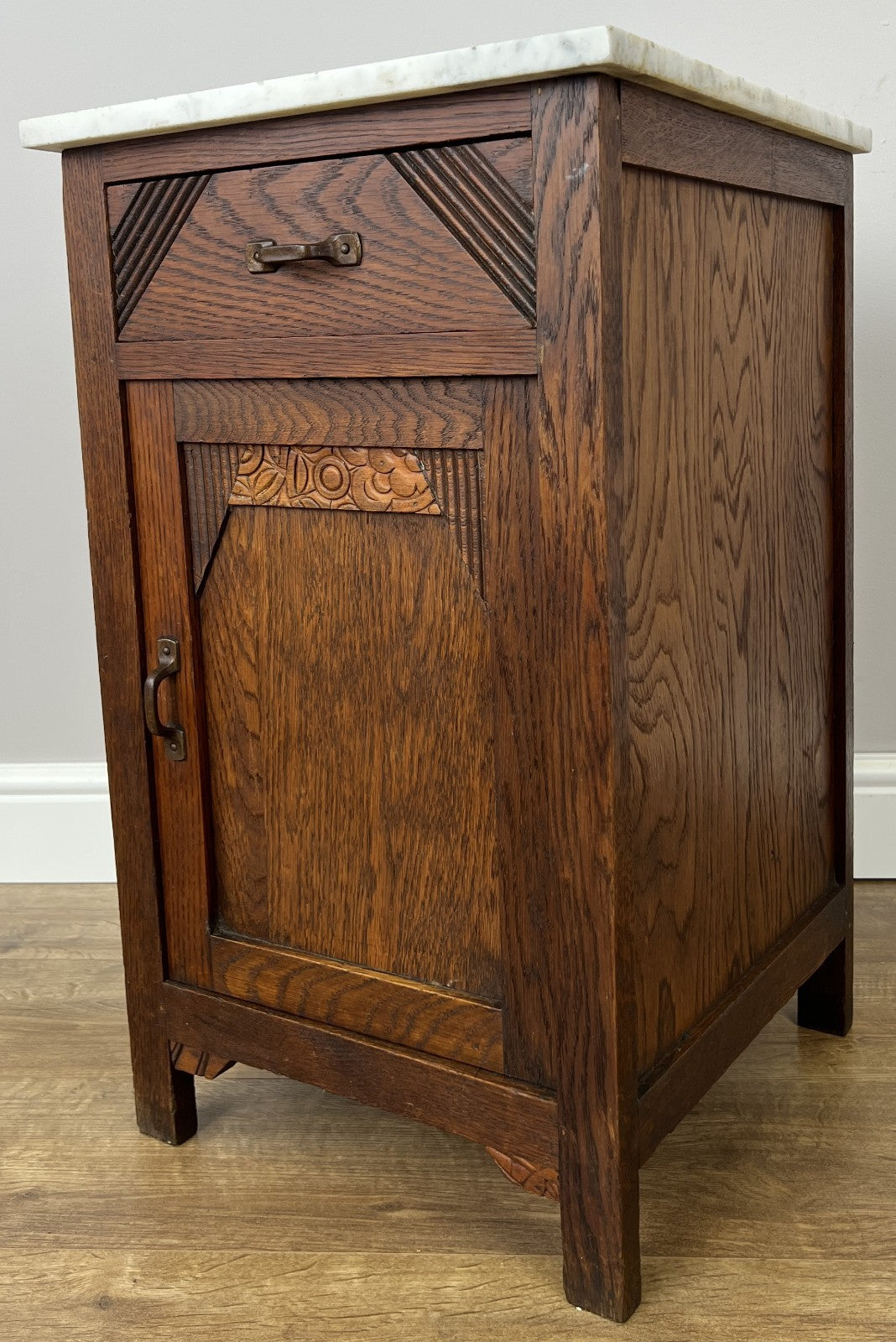 Bedside Table Antique French Marble Top Oak Cabinet Carved Cupboard LOT 62001