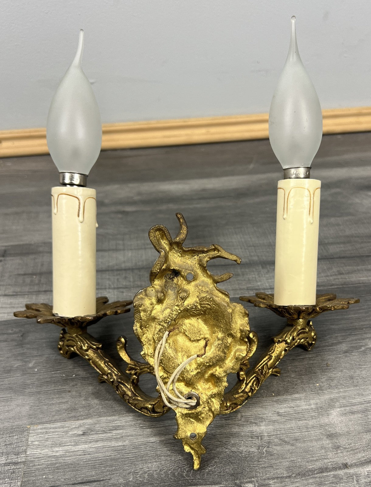 Vintage French Wall Light Brass Cherub Double Arm Rococo Sconce LOT 44117
