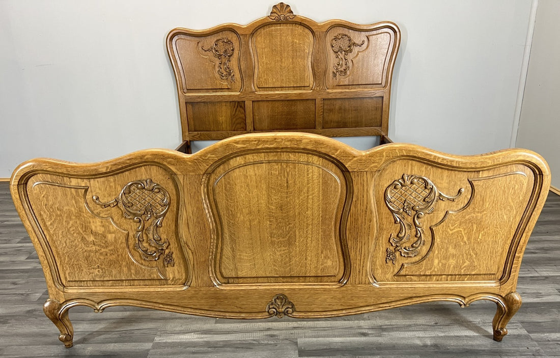 Bed Vintage French Louis XVI Double Bed Frame Oak Carved Headboard LOT 46150
