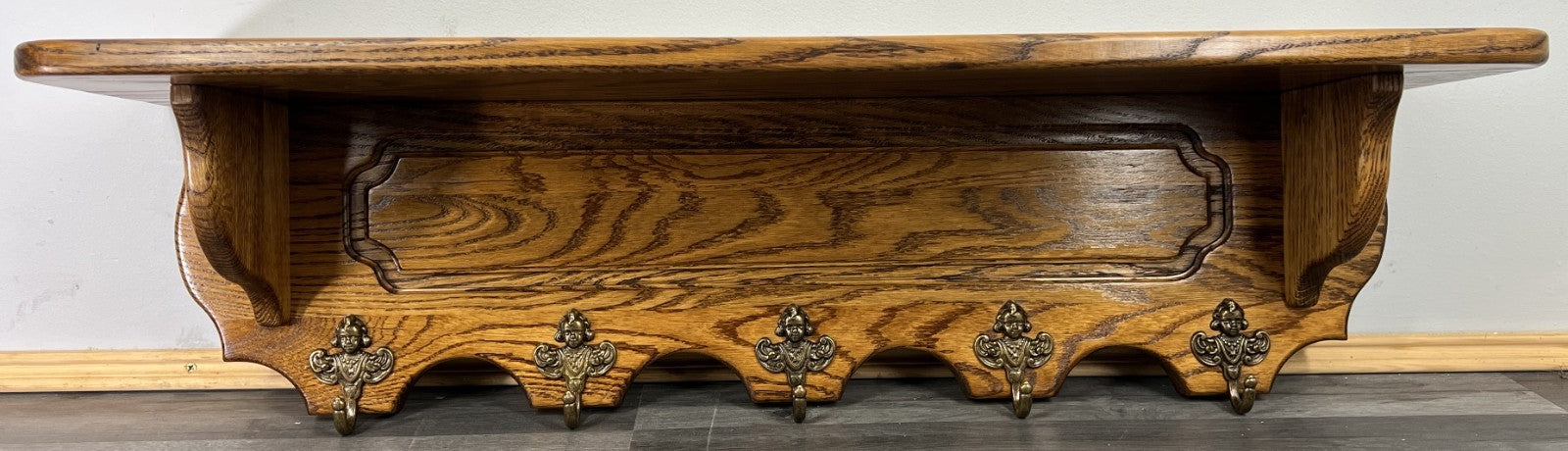 French Vintage Style Coat Rack Oak 5 Hooks Ornate Wall Shelf Coat LOT 47231