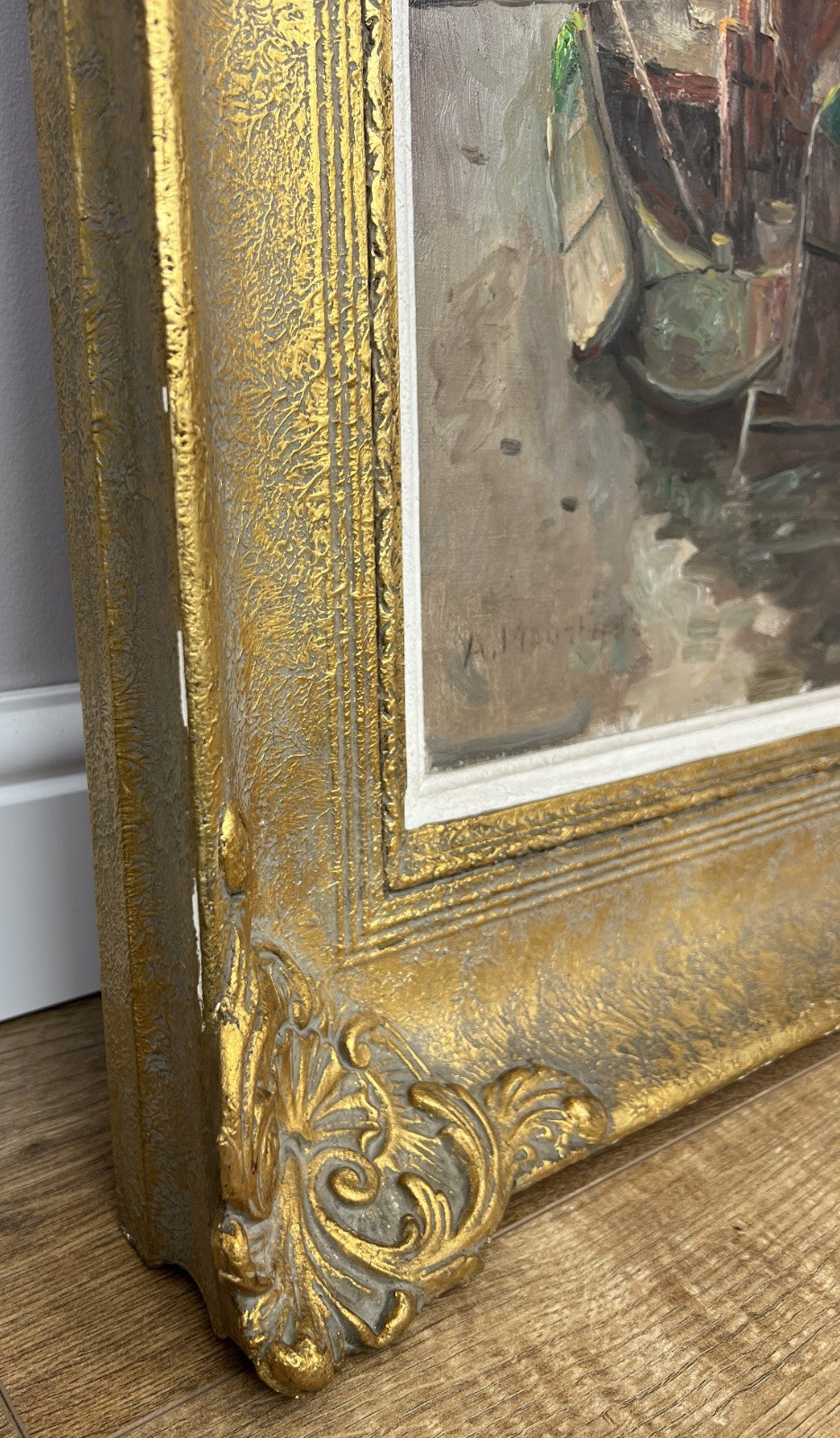 Oil Painting Vintage French Style Signed Coastal Boats Artwork Framed LOT 49429