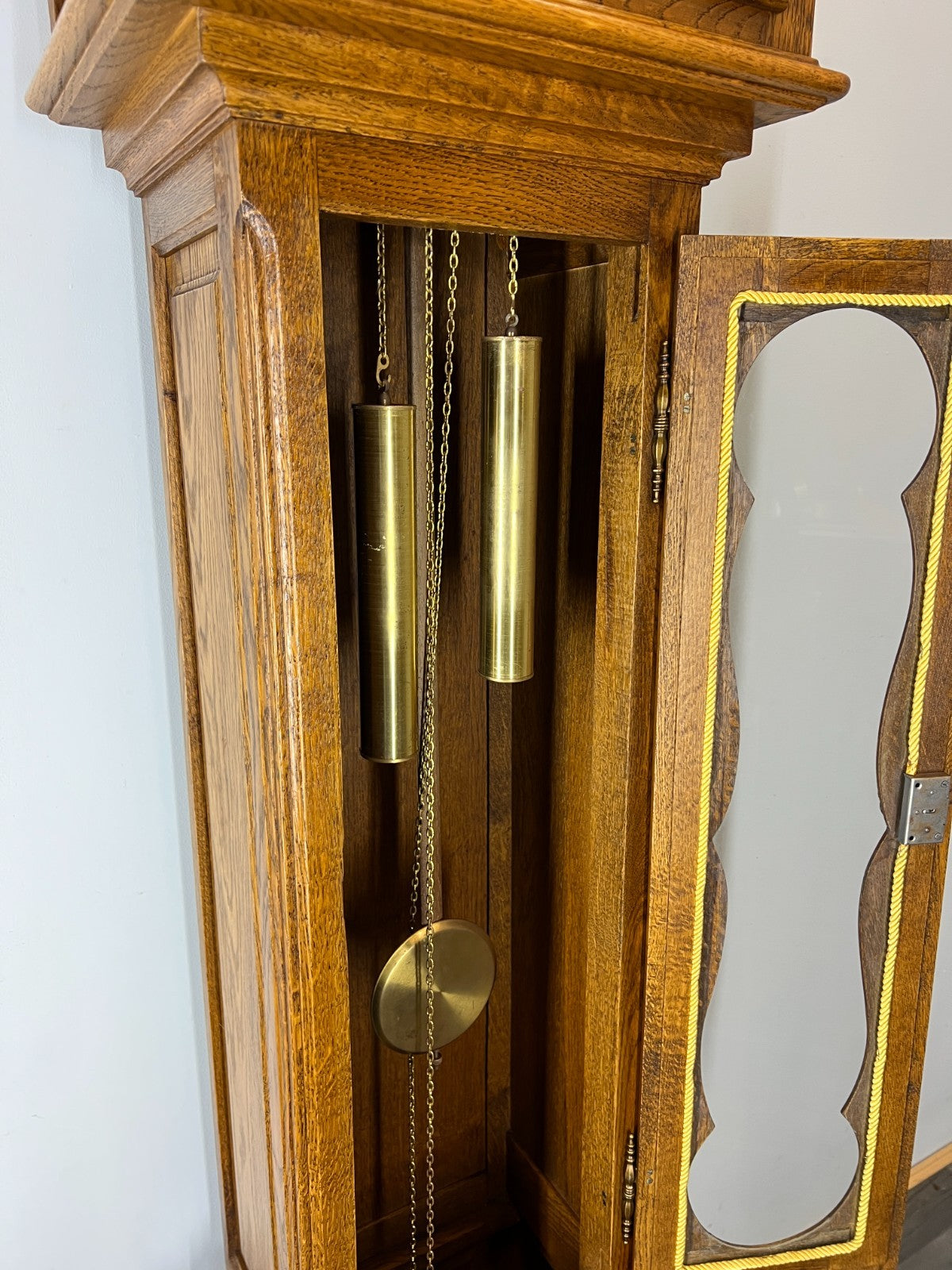 Clock Vintage French Louis Oak Longcase Grandfather Brass Dial Weights LOT 44706