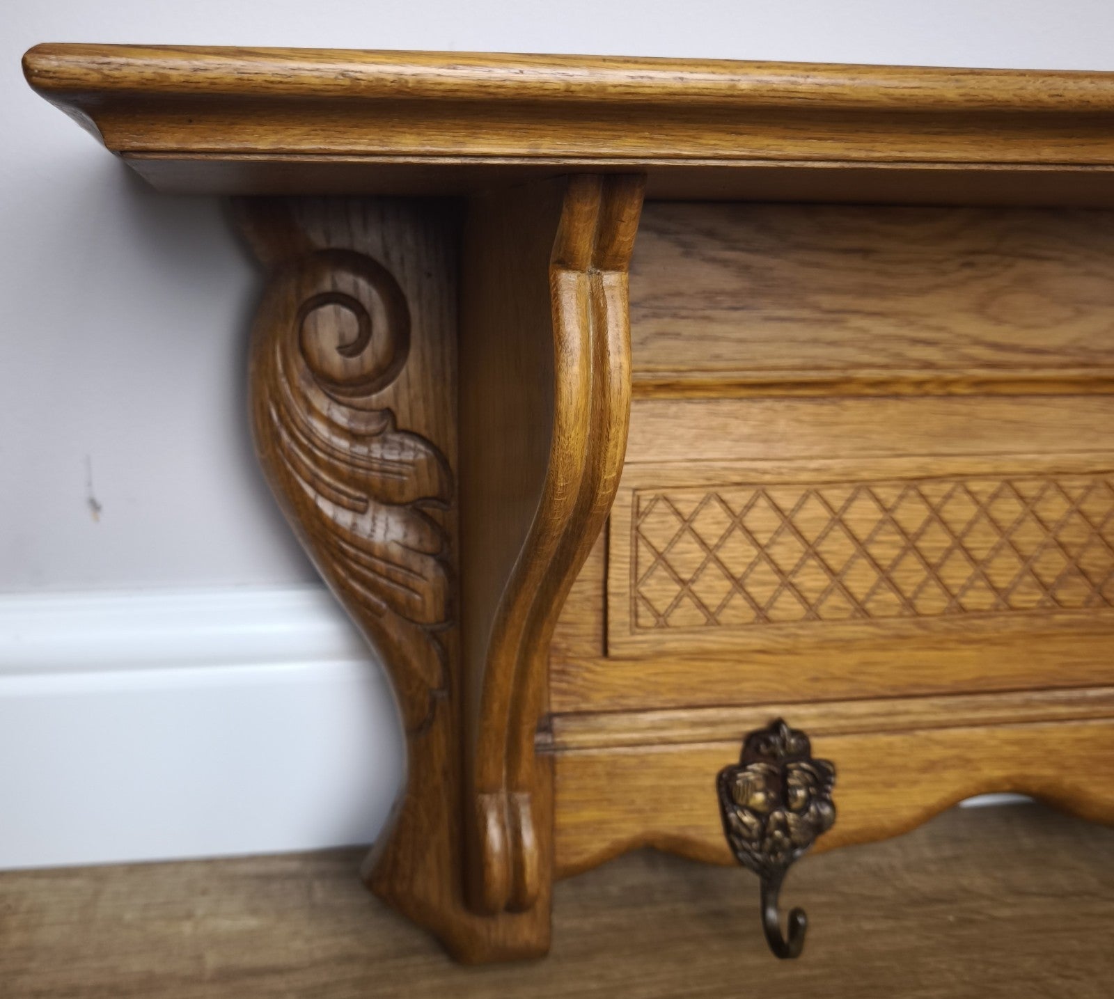 French Vintage Coat Rack Oak 5 Hooks Wall Shelf Carved Coat Hanger LOT 60017