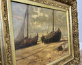 Oil Painting Vintage French Signed Coastal Boats Scene Framed Artwork LOT 494113