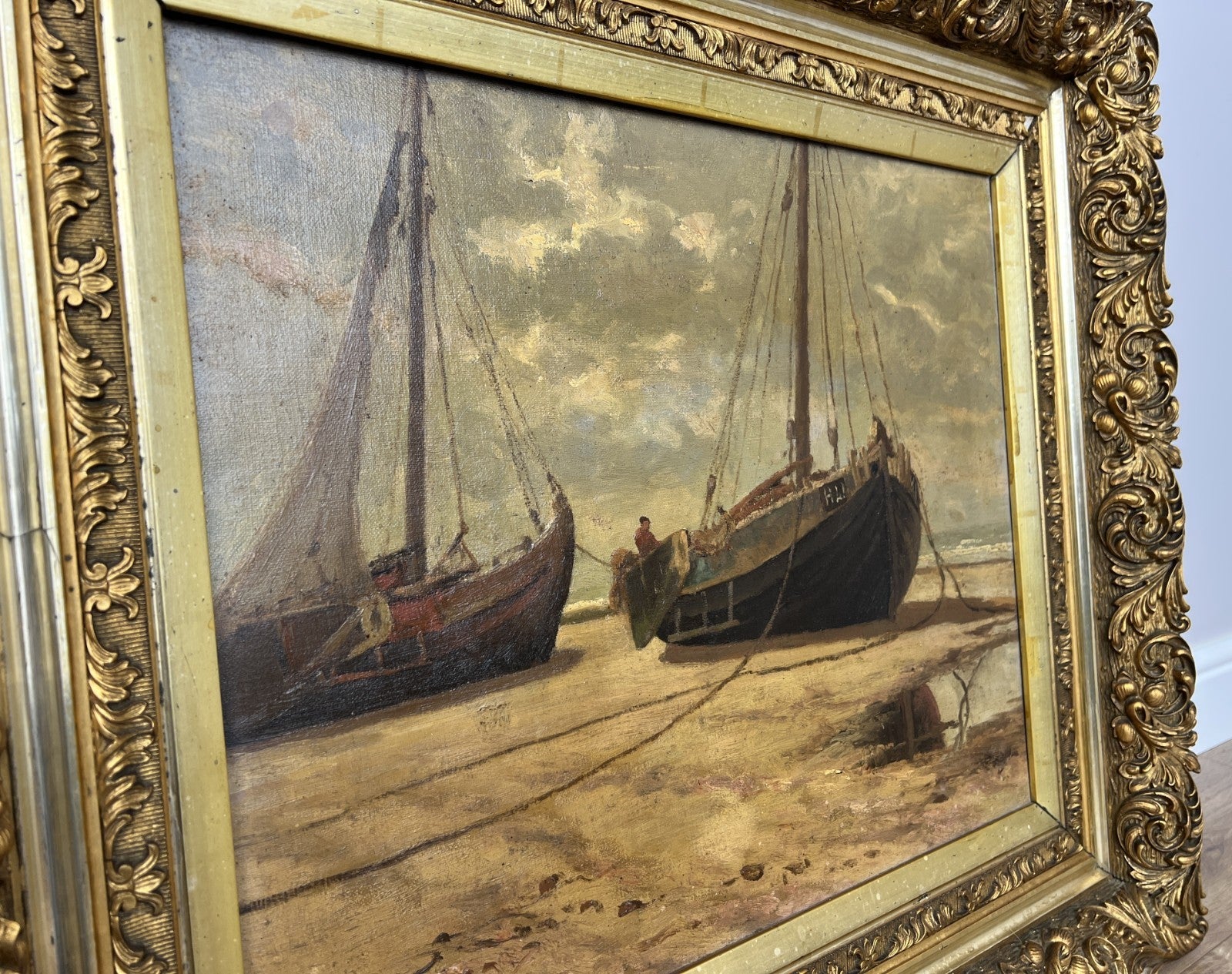 Oil Painting Vintage French Signed Coastal Boats Scene Framed Artwork LOT 494113