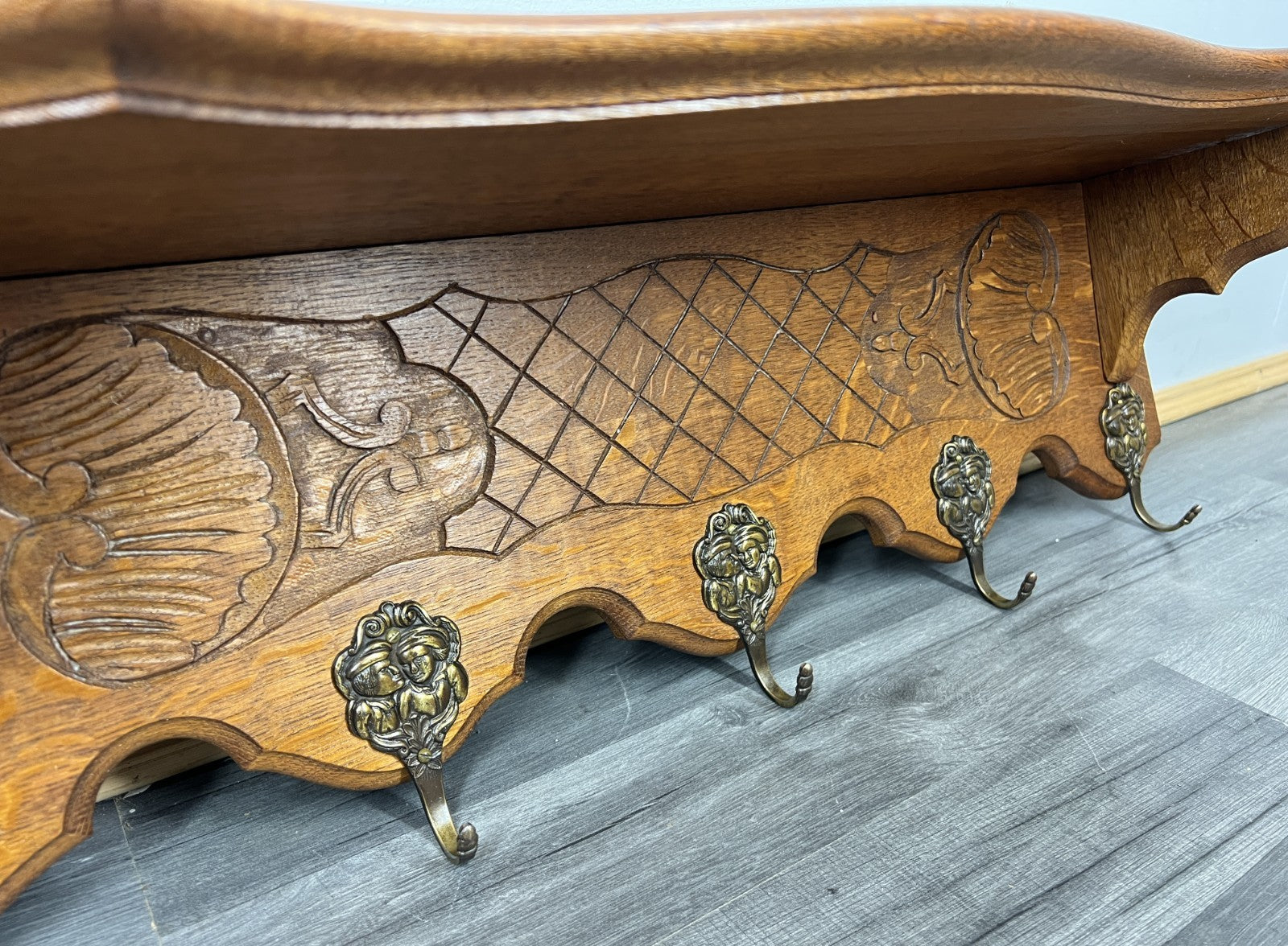 French Vintage Coat Rack Oak 5 Hooks Wall Shelf Carved Coat Hanger LOT 44365