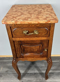 Pair of Bedside Tables Antique French Oak Marble Tops Carved Cabinets LOT 44393