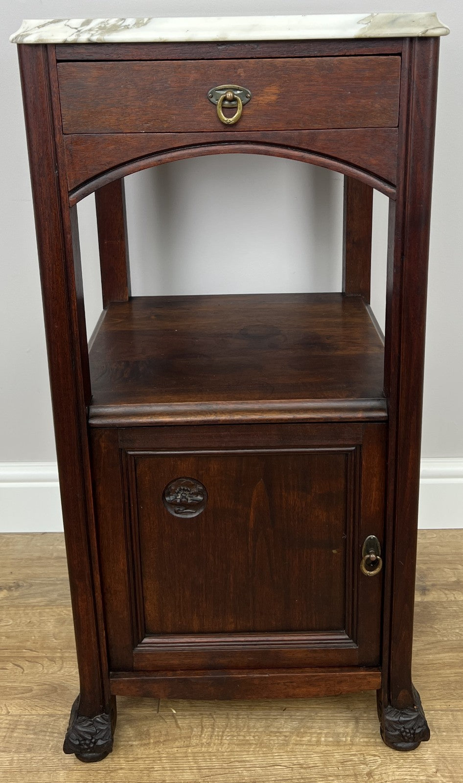 Bedside Table Antique French Style Marble Top Walnut Cabinet Nightstand LOT 62391
