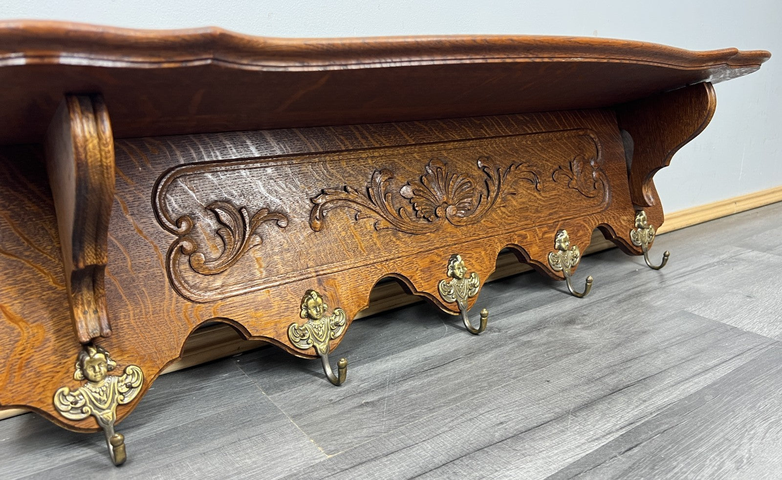 French Vintage Coat Rack Oak 5 Hooks Wall Shelf Carved Coat Hanger LOT 44356