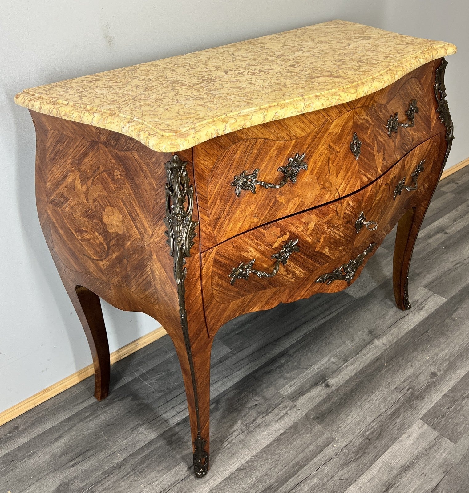 Chest of Drawers Antique French Bombe Walnut Marble Top Carved Cabinet LOT 47062