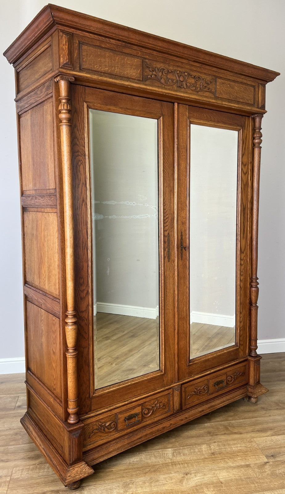 Wardrobe Antique French Style Oak Mirrored Two Door Carved Armoire LOT 6544