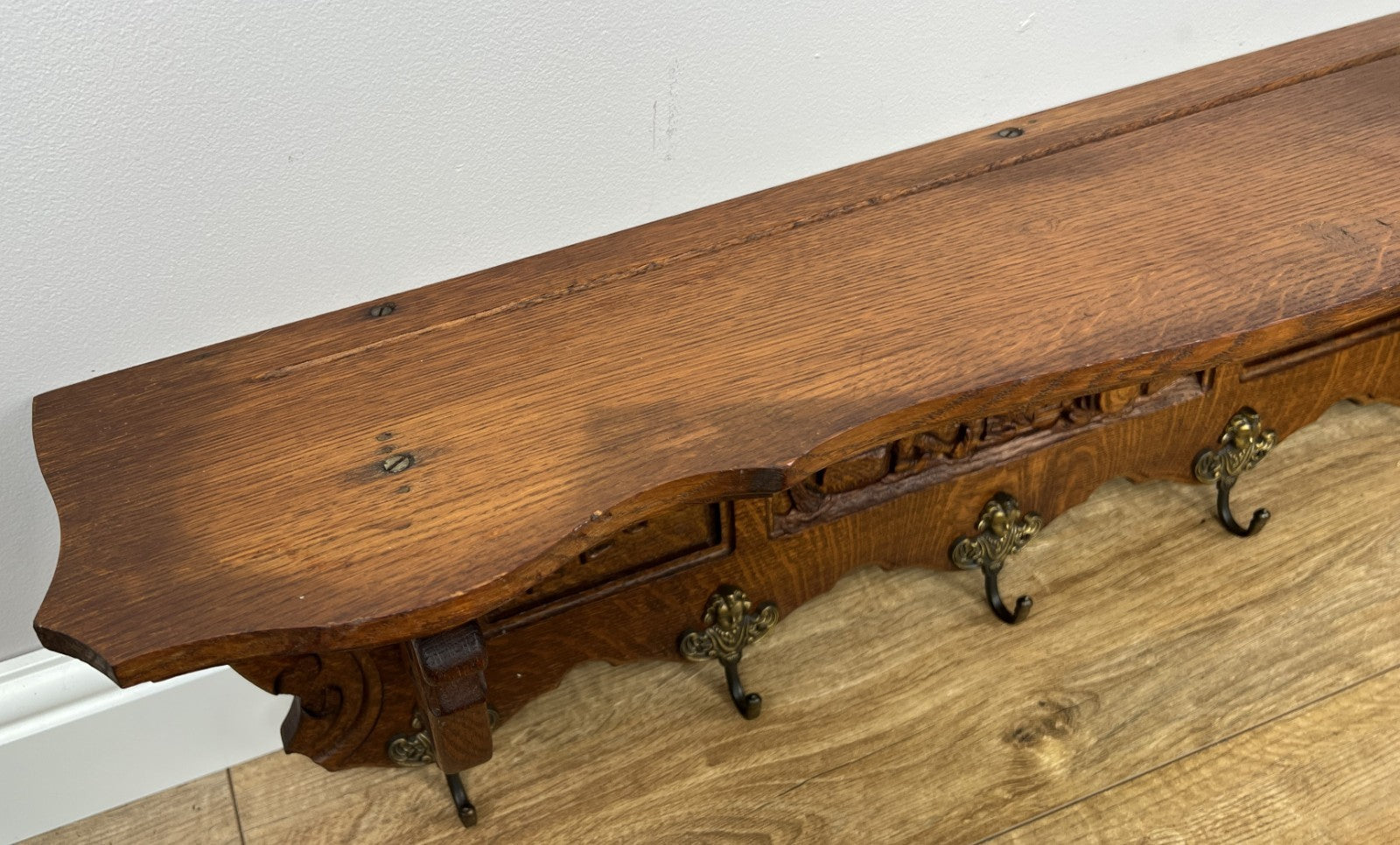Coat Rack Vintage French Oak Wall Mounted 5 Hooks Carved Rack Hanger LOT 63037