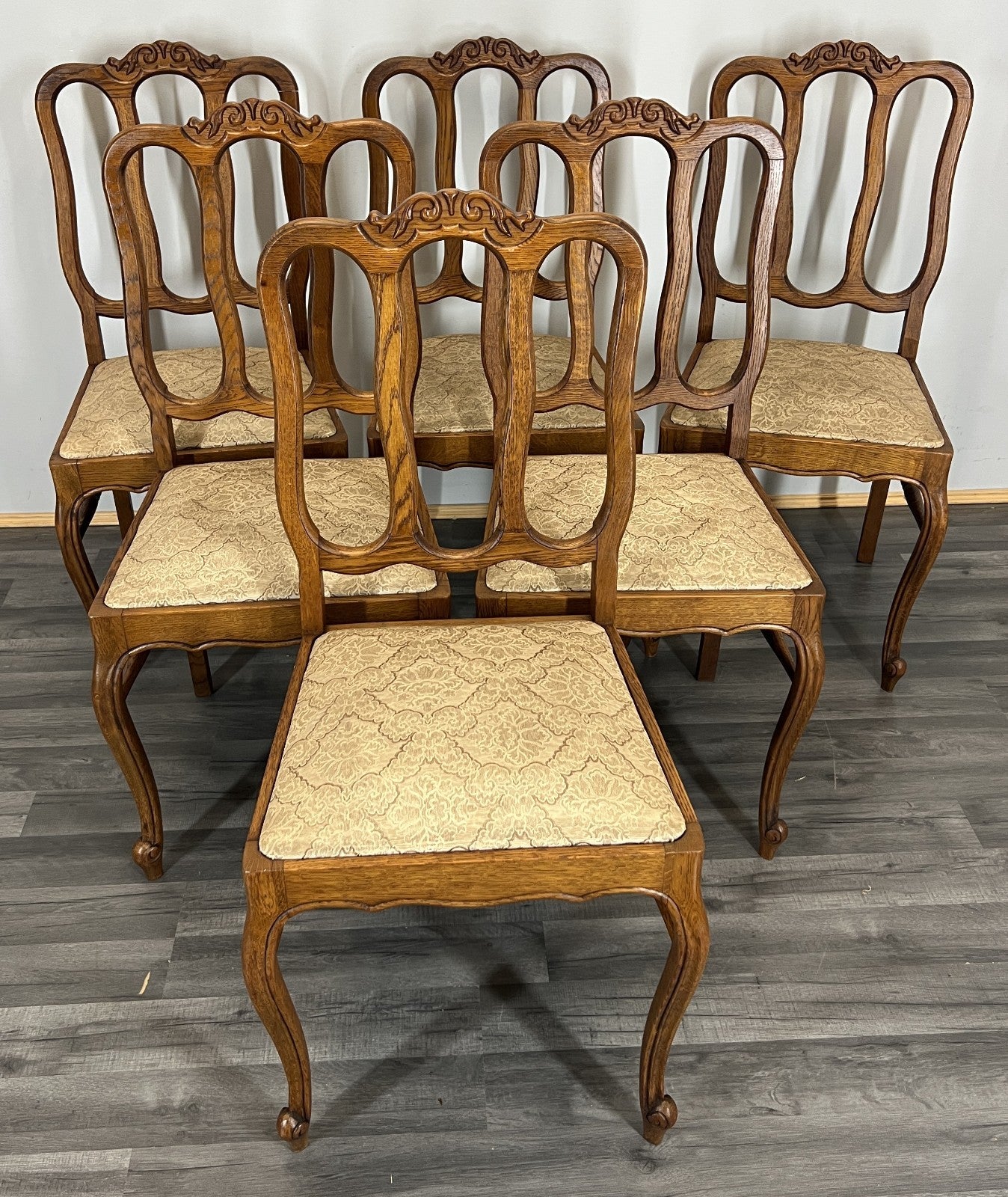 Chairs Vintage French Louis XVI Style Oak Upholstered Set of 6 Carved LOT 44010