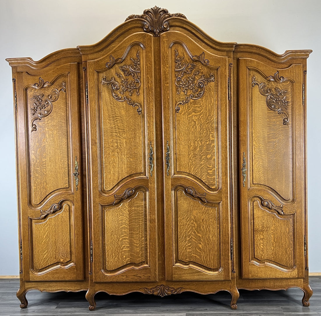 Wardrobe Vintage French Louis XVI Style Oak Four Door Armoire LOT 48120