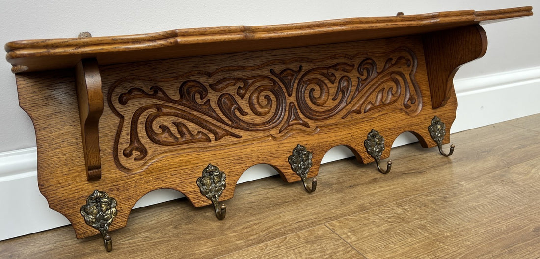 French Vintage Coat Rack Oak 5 Hooks Wall Shelf Carved Coat Hanger LOT 49610