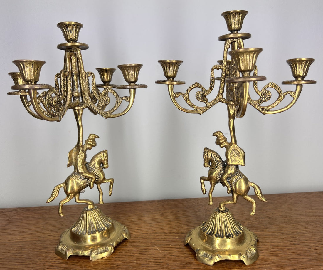 Candelabra Set Vintage Brass Horse Rider Ornate Candle Holders LOT 4028
