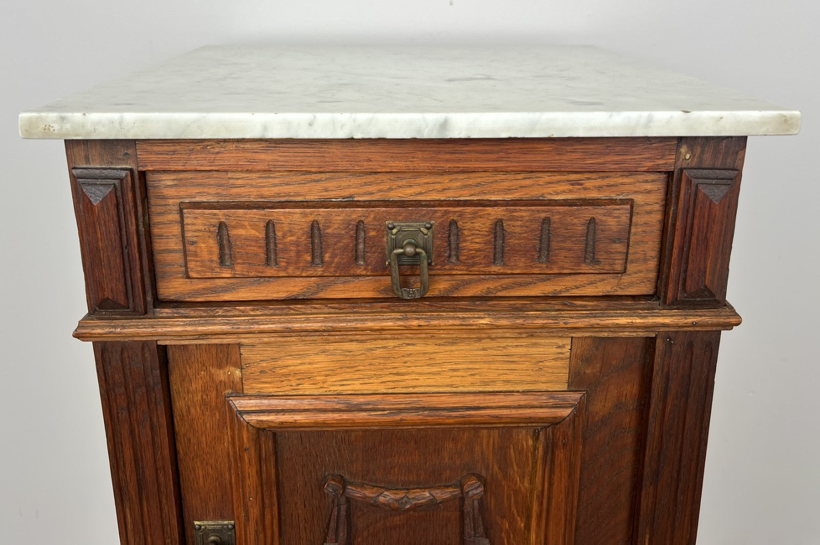 Bedside Table Antique French Oak Marble Top Cupboard Carved Cabinet LOT 60134