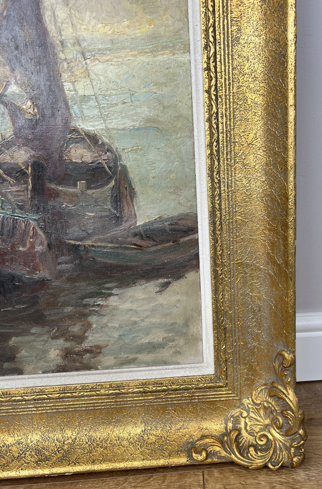 Oil Painting Vintage French Style Signed Coastal Boats Artwork Framed LOT 49424