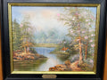 Painting Vintage French Style Signed Landscape Lake Cottage Framed LOT 6469